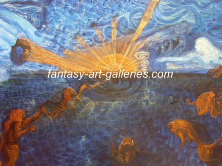 GODS VIEW: Unique and original fantasy art by JAG. Gods View is apainting of a fantasy landscape depicting the journry made by various creatures and souls back to God...